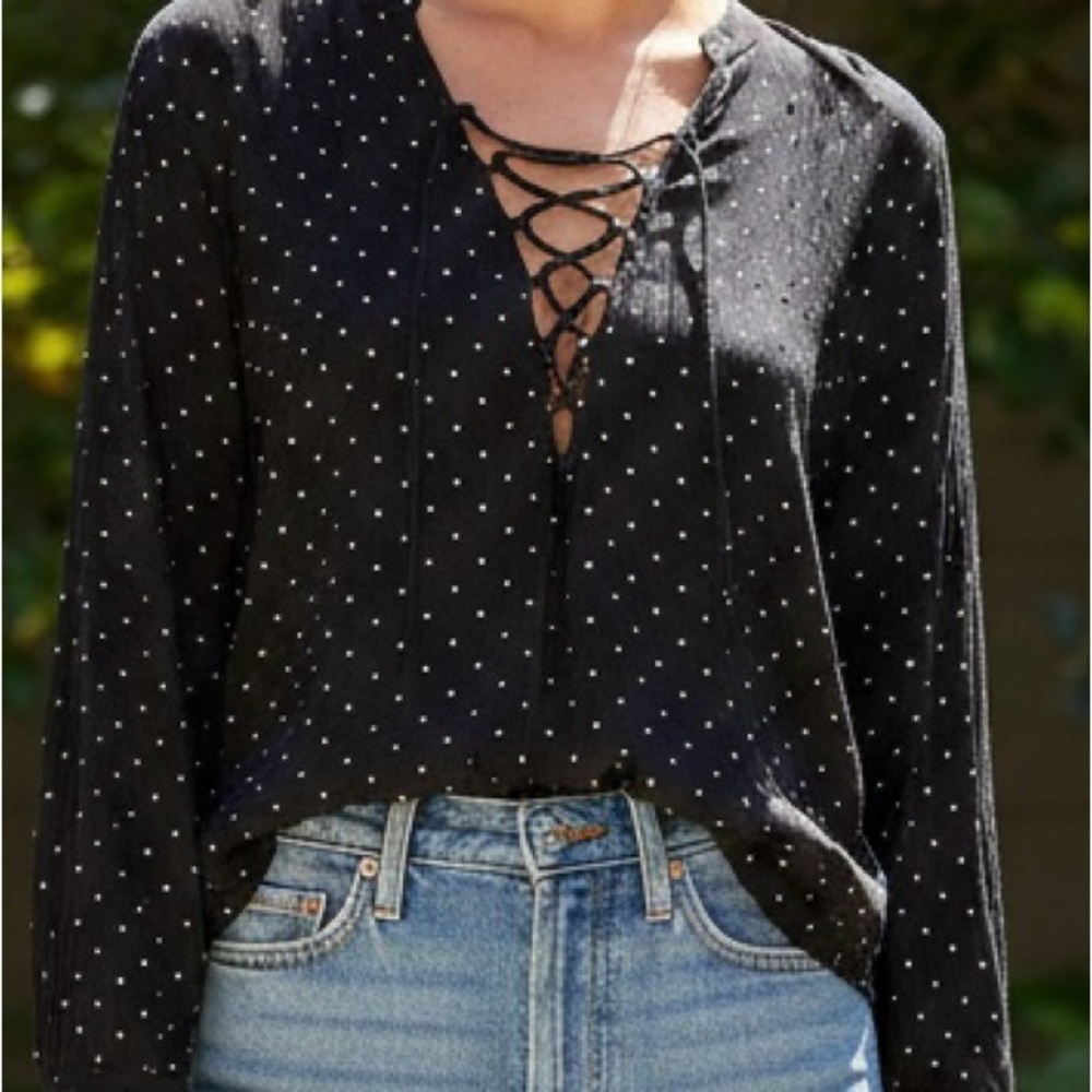 Billabong Black and White Dotted Lace-Up Blouse